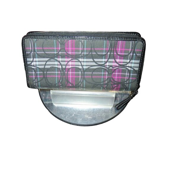 COACH Poppy Madras Tartan Plaid Signature C Canvas  Wallet Black Pink Blue - Picture 2 of 11